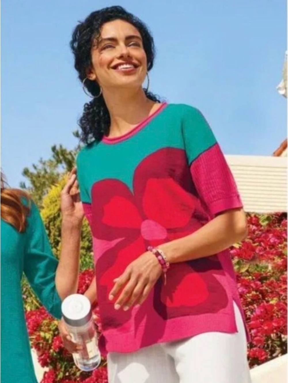 Soft Surroundings Pink & Teal Floral Knit Top